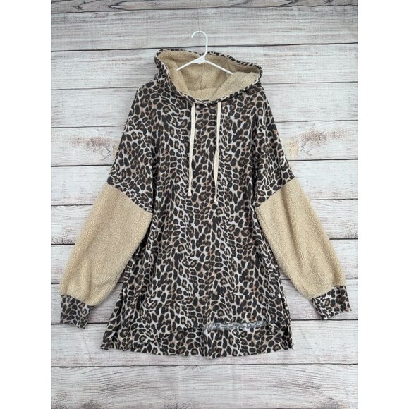 Jade by Jane Animal‎ Print Fuzzy Sleeve Oversized Hoodie Women's Size 1X Brown - Picture 1 of 10
